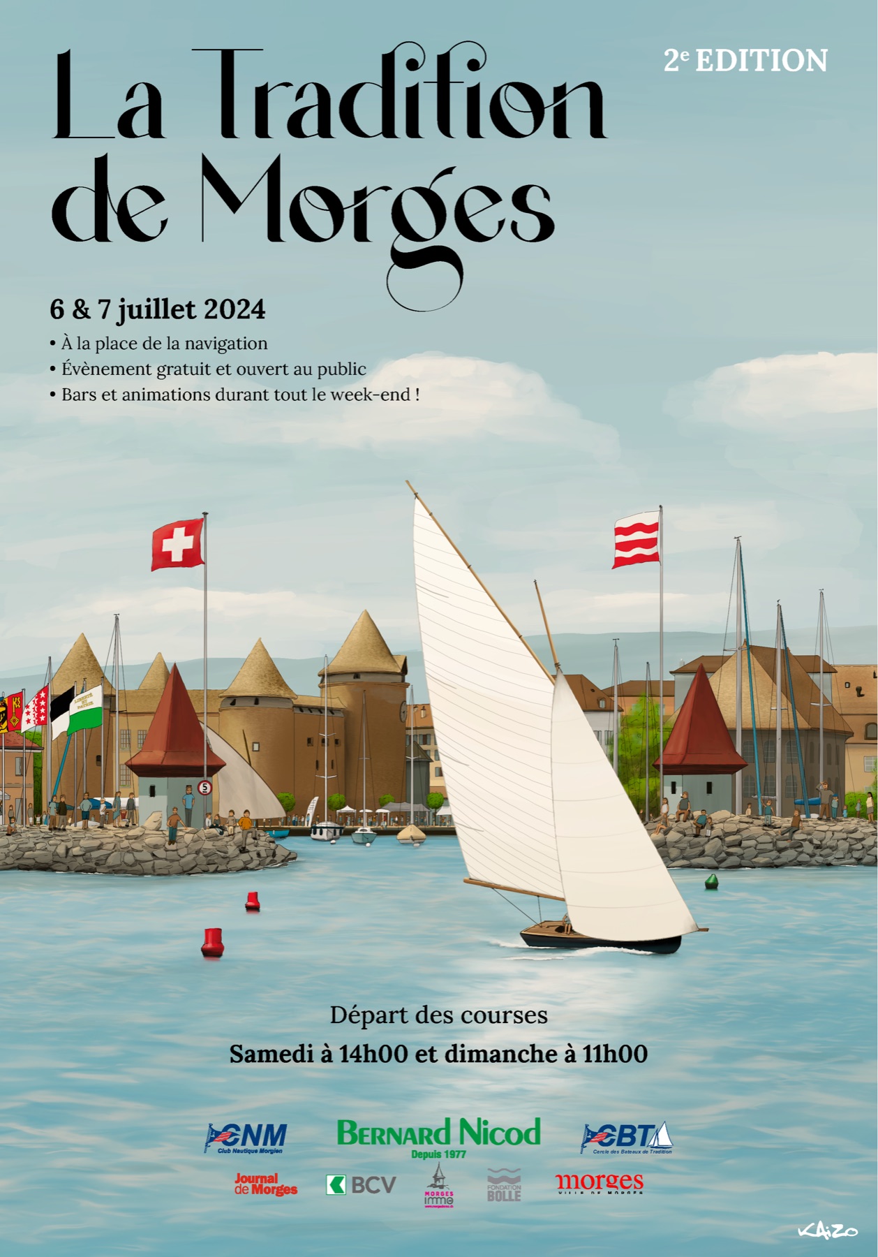 Affiche de la Tradition de Morges 2024, 2e édition : voilier sur le Léman devant le port de Morges.